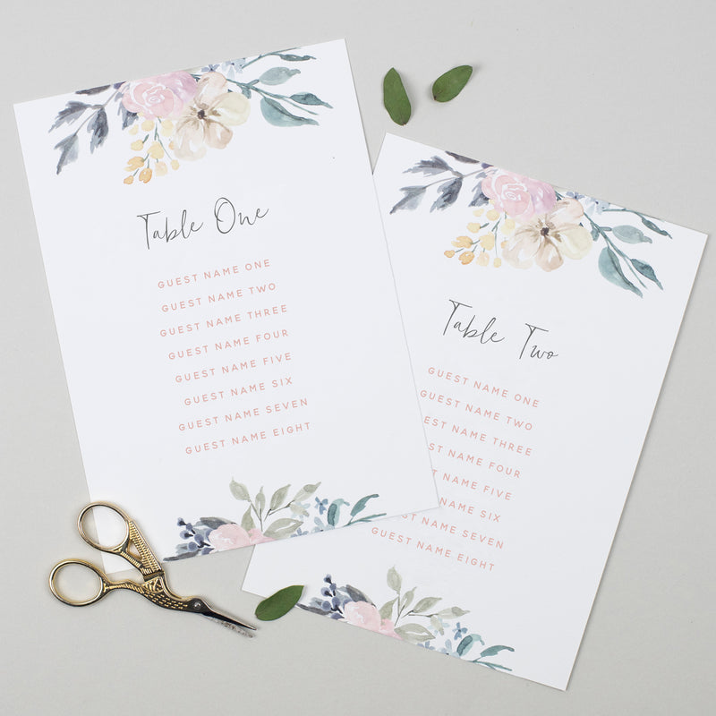 Floral Blush Pack of Table Plan Cards