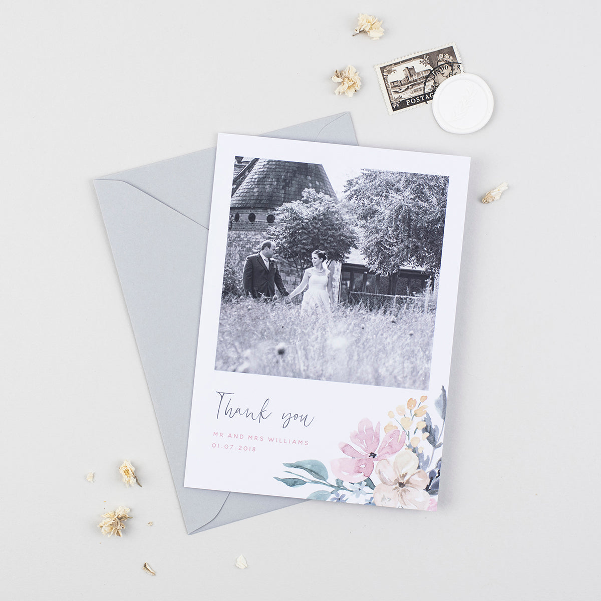 Floral Blush Wedding Photo Thank You Cards